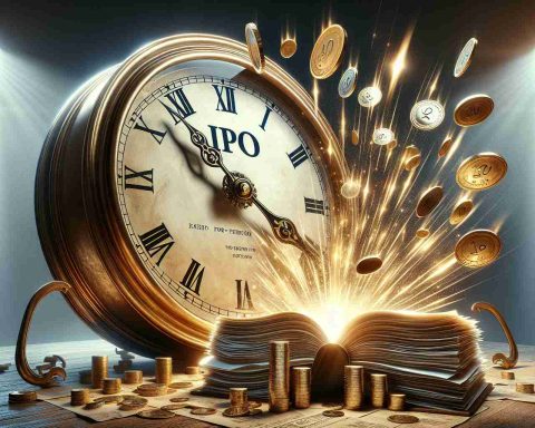 A high-definition, realistic image that visually metaphorizes the concept of a successful IPO's timing. This could illustrate a vintage clock face with hands sweeping toward '12', signifying the right moment. Beside the clock, portray a bursting stack of finance documents denoting an IPO, with shiny gold coins raining from above. Bright light emanates from behind the clock, symbolizing the success of the IPO due to precise timing. Please circumvent literal human representation and keep the environment abstract and symbolic.