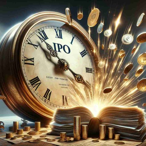 A high-definition, realistic image that visually metaphorizes the concept of a successful IPO's timing. This could illustrate a vintage clock face with hands sweeping toward '12', signifying the right moment. Beside the clock, portray a bursting stack of finance documents denoting an IPO, with shiny gold coins raining from above. Bright light emanates from behind the clock, symbolizing the success of the IPO due to precise timing. Please circumvent literal human representation and keep the environment abstract and symbolic.