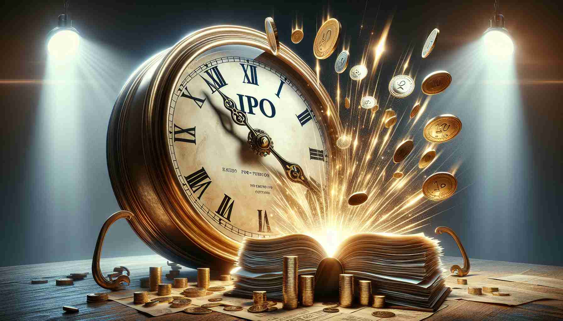 A high-definition, realistic image that visually metaphorizes the concept of a successful IPO's timing. This could illustrate a vintage clock face with hands sweeping toward '12', signifying the right moment. Beside the clock, portray a bursting stack of finance documents denoting an IPO, with shiny gold coins raining from above. Bright light emanates from behind the clock, symbolizing the success of the IPO due to precise timing. Please circumvent literal human representation and keep the environment abstract and symbolic.