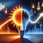 Realistic HD image depicting the concept of an energy stock either heading for a bright future or a dim light. Include a strong, contrasting imagery possibly incorporating symbols of financial growth and decline, represented by a rising glowing sun for a bright future, and a fading light bulb for a dim light.