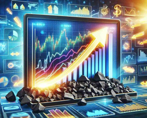 Generate a realistic HD image representing the idea of a sudden surge in a coal company's stock price. Depict screens displaying stock charts with arrows pointing upwards, symbolizing a significant increase. Include bar graphs highlighted with vibrant colors to represent the positive change. Surround these visual elements with an air of excitement and surprise to capture the suddenness of the event.