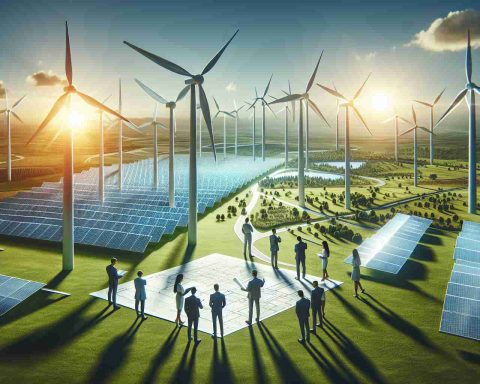 High definition realistic image of a conceptual representation for future sustainable investment in clean energy. Imagine a powerful wind farm on a green hill under a clear blue sky, synonymous with wind energy, and a field of solar panels brilliantly reflecting sunlight, representing solar power. Also, include few individuals of diverse genders and descents in business outfits analyzing a blueprint, symbolizing the ventures group focused on clean energy.