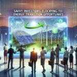 Create a high-definition and realistic illustration interpreting the concept of savvy investors flocking to energy transition opportunities. The scene could encompass a metaphorical representation of investors as diverse individuals examining a holographic display showing renewable energy sources like solar, wind and hydro power. The image should evoke a sense of enthusiasm and intent, reflecting their keen interest in sustainable and environmental investment opportunities.