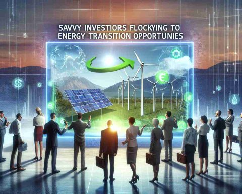 Create a high-definition and realistic illustration interpreting the concept of savvy investors flocking to energy transition opportunities. The scene could encompass a metaphorical representation of investors as diverse individuals examining a holographic display showing renewable energy sources like solar, wind and hydro power. The image should evoke a sense of enthusiasm and intent, reflecting their keen interest in sustainable and environmental investment opportunities.