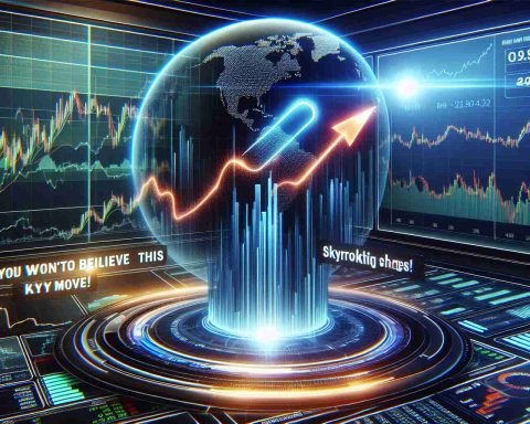 A high-definition, realistic illustration of a bullish stock market scene representing 'skyrocketing shares'! Imagine a magnified view of a dynamic line graph soaring upwards on a digital display, indicating a dramatic increase in share prices. The background has an array of virtual displays showing multiple line graphs and bar charts in various colors. Line graphs are glowing with a futuristic neon effect. A digital headline banner flashes 'You won't believe this key move!' across the lower part of the image, highlighting the game-changing financial development.