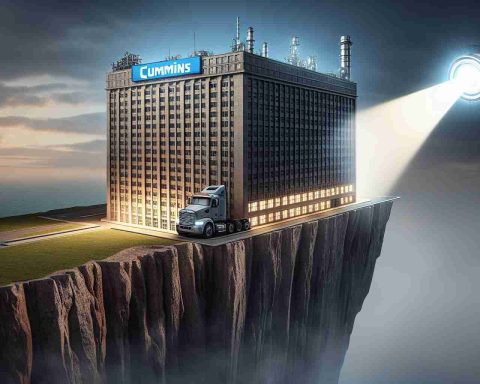 A realistic HD photo depicting the metaphor of either an 'Unexpected Surge' or 'Daunting Plunge'. There's a spotlight beaming down on a generic but well-detailed engineering company that represents Cummins India. The company logo is visible on the side of the building. To capture the essence of 'Unexpected Surge', the building could be shown reaching towards the sky in an upward curve. On the other hand, for 'Daunting Plunge', the building could be visualized on a slanted precipice, teetering on the edge of a steep drop.