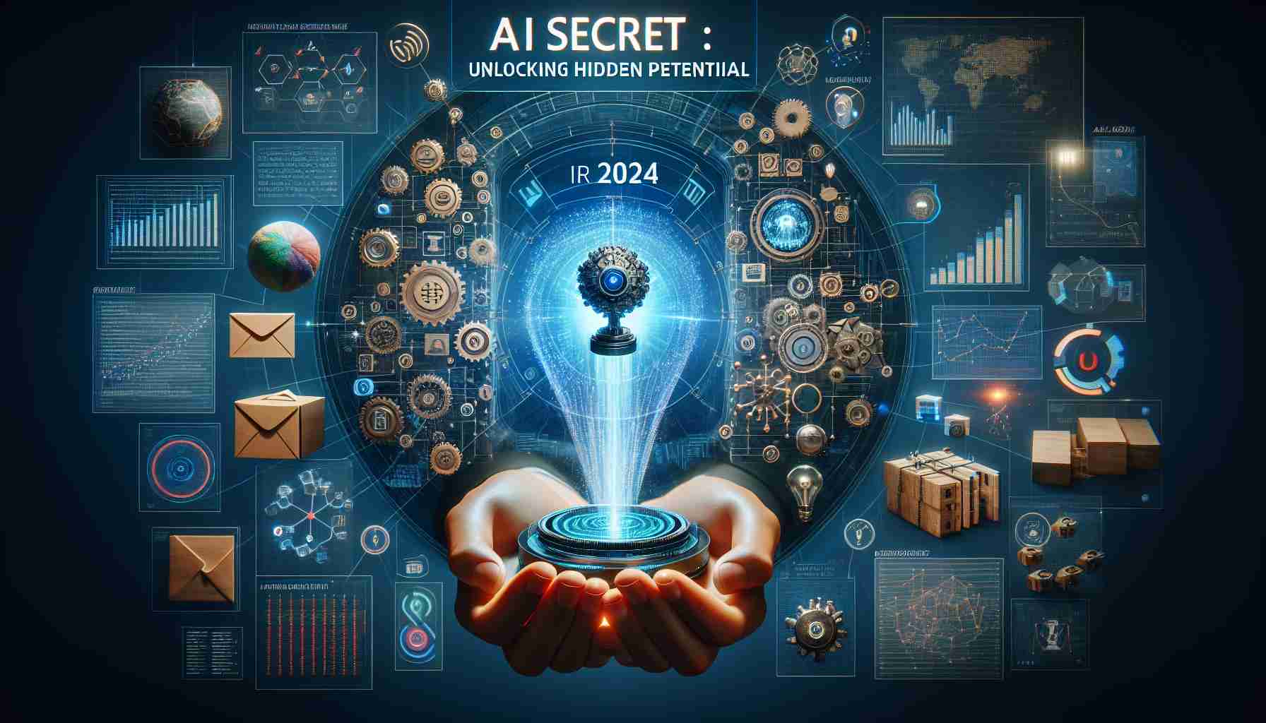 Create a hyper-realistic, high-definition image representing the concept of 'AI Secret: Unlocking Hidden Potential!' for 2024. The image should include digital interfaces, graphs, codes, and machine learning models symbolizing the untapped potential of AI in the business world. Also, showcase element of surprise representing the unexpected factors holding businesses back from harnessing the full power of AI.