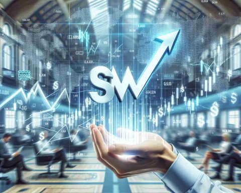 Generate a high-definition, realistic image that portrays the concept of a stock labelled 'SM' experiencing a significant surge. This could involve a graphic representation of the stock market with 'SM' script prominently displayed, and a sharp upward-moving line or arrow indicating a surge. There can be a background scene of a bustling stock exchange floor or a relaxed home office. No specific people should be pictured.