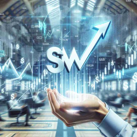 Generate a high-definition, realistic image that portrays the concept of a stock labelled 'SM' experiencing a significant surge. This could involve a graphic representation of the stock market with 'SM' script prominently displayed, and a sharp upward-moving line or arrow indicating a surge. There can be a background scene of a bustling stock exchange floor or a relaxed home office. No specific people should be pictured.