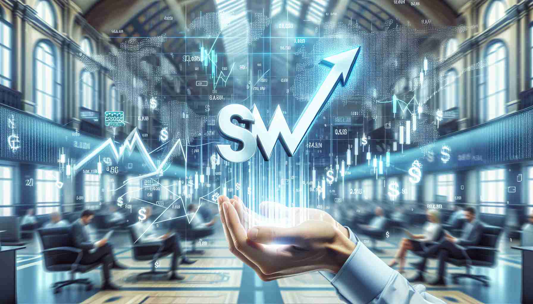 Generate a high-definition, realistic image that portrays the concept of a stock labelled 'SM' experiencing a significant surge. This could involve a graphic representation of the stock market with 'SM' script prominently displayed, and a sharp upward-moving line or arrow indicating a surge. There can be a background scene of a bustling stock exchange floor or a relaxed home office. No specific people should be pictured.