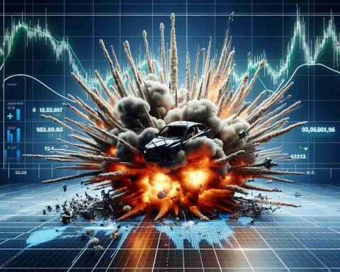 A high definition, realistic display of an explosion and implosion, symbolically representing the unpredictable upturn or downturn. The scenario is set in a conceptual backdrop of a car company's stock market performance. This could signify either extreme success or a drastic disadvantage for the company depending on the occurrence - explosion or implosion.