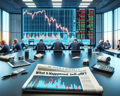 Generate a realistic high-definition image. The scene should be depicting the concept of a 'big sell-off' at a bank, using various financial elements like stock charts going down, stressed brokers, trading screens flashing red numbers, etc. Also, include a newspaper on a table or desk, its headline reading 'What Happened to Coterra Energy?' alongside a small article and representative image.