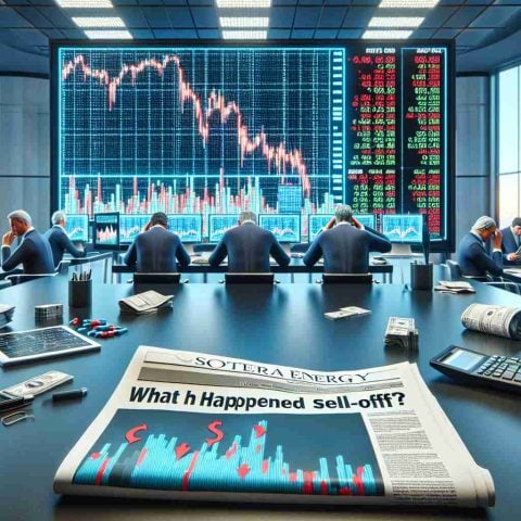 Generate a realistic high-definition image. The scene should be depicting the concept of a 'big sell-off' at a bank, using various financial elements like stock charts going down, stressed brokers, trading screens flashing red numbers, etc. Also, include a newspaper on a table or desk, its headline reading 'What Happened to Coterra Energy?' alongside a small article and representative image.