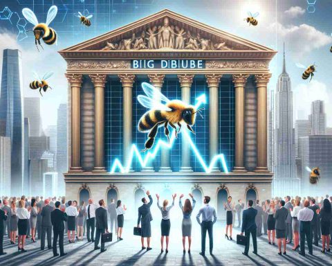 A high-definition, realistic illustration representing the concept of a big debut on the Stock Exchange. The image includes elements such as a stock ticker with rising graphs, a grand building symbolizing the stock exchange, and excited business individuals in office attire of varying races and genders. The mood in the scene communicates curiosity, symbolized by a buzzing beehive to represent the latest IPO buzz.