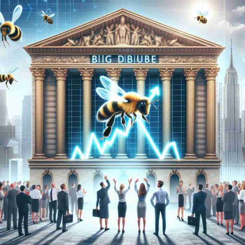 A high-definition, realistic illustration representing the concept of a big debut on the Stock Exchange. The image includes elements such as a stock ticker with rising graphs, a grand building symbolizing the stock exchange, and excited business individuals in office attire of varying races and genders. The mood in the scene communicates curiosity, symbolized by a buzzing beehive to represent the latest IPO buzz.