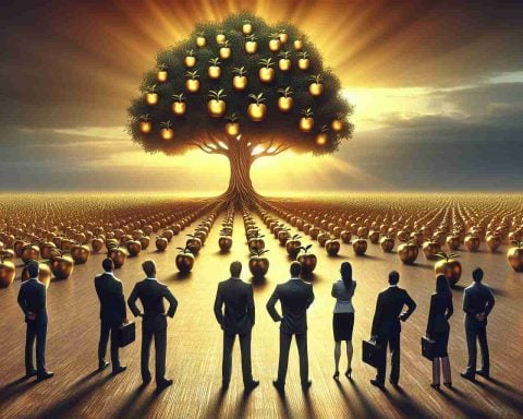 High resolution realistic image portraying the stunning profits surprising financial analysts. A metaphorical representation where the metaphor for 'profits' is a growing tree with golden apples and 'analysts' as a group of perplexed individuals observing the tree. 'Competition' is represented by a horizon filled with smaller trees. The context, however, is not related to any specific company or product, instead it signifies the general competition and achievement in the business industry.