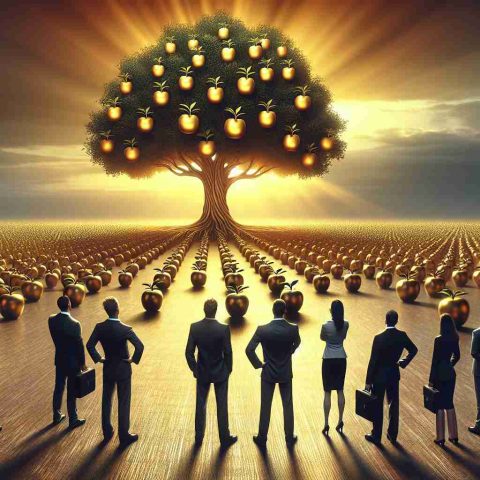 High resolution realistic image portraying the stunning profits surprising financial analysts. A metaphorical representation where the metaphor for 'profits' is a growing tree with golden apples and 'analysts' as a group of perplexed individuals observing the tree. 'Competition' is represented by a horizon filled with smaller trees. The context, however, is not related to any specific company or product, instead it signifies the general competition and achievement in the business industry.