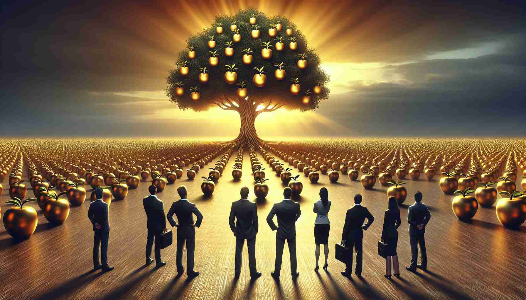 High resolution realistic image portraying the stunning profits surprising financial analysts. A metaphorical representation where the metaphor for 'profits' is a growing tree with golden apples and 'analysts' as a group of perplexed individuals observing the tree. 'Competition' is represented by a horizon filled with smaller trees. The context, however, is not related to any specific company or product, instead it signifies the general competition and achievement in the business industry.