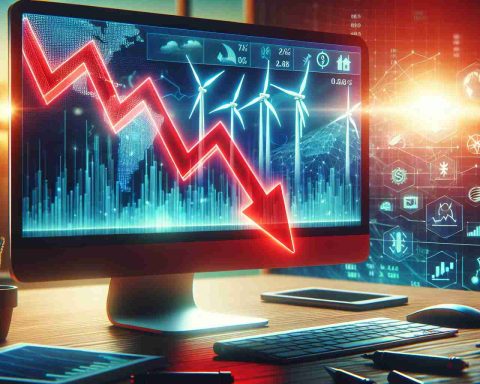 Generate a high-definition, realistic image symbolizing a renewable energy company experiencing a financial setback. The focus should be on a computer screen showing a declining stock chart, colored red. The background should feature elements indicating renewable energy, such as wind turbines, solar panels, or a corporate logo. Please ensure that no specific real-world company or logo is depicted.