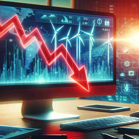 Generate a high-definition, realistic image symbolizing a renewable energy company experiencing a financial setback. The focus should be on a computer screen showing a declining stock chart, colored red. The background should feature elements indicating renewable energy, such as wind turbines, solar panels, or a corporate logo. Please ensure that no specific real-world company or logo is depicted.