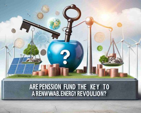 Create a realistic HD image that represents the concept 'Are Pension Funds the Key to a Renewable Energy Revolution?'. The image should include a giant key symbolizing pension funds, overlaid on a backdrop of wind turbines, solar panels, and other symbols of renewable energy. To illustrate the question aspect, incorporate an image of a balance scale with renewable energy symbols on one side and a pile of coins on the other, denoting pension funds.