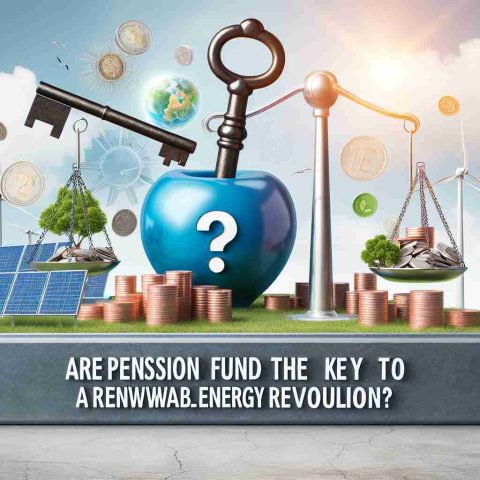 Create a realistic HD image that represents the concept 'Are Pension Funds the Key to a Renewable Energy Revolution?'. The image should include a giant key symbolizing pension funds, overlaid on a backdrop of wind turbines, solar panels, and other symbols of renewable energy. To illustrate the question aspect, incorporate an image of a balance scale with renewable energy symbols on one side and a pile of coins on the other, denoting pension funds.