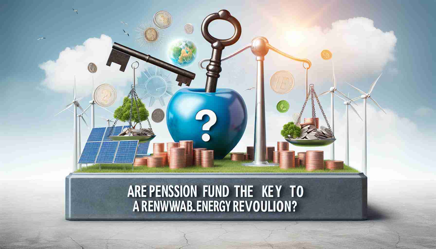 Create a realistic HD image that represents the concept 'Are Pension Funds the Key to a Renewable Energy Revolution?'. The image should include a giant key symbolizing pension funds, overlaid on a backdrop of wind turbines, solar panels, and other symbols of renewable energy. To illustrate the question aspect, incorporate an image of a balance scale with renewable energy symbols on one side and a pile of coins on the other, denoting pension funds.