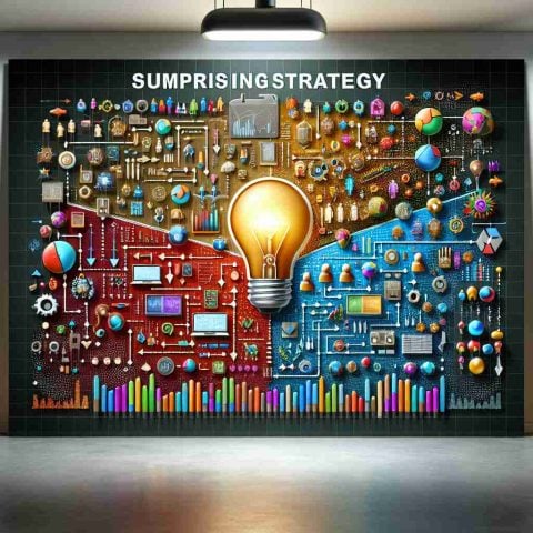 A realistic high-definition picture of a metaphorical representation to display a bold new strategy being unveiled by a major eCommerce company. Show a large strategic map brimming with innovative icons, diverse elements and futuristic tools. Provide symbolic figures devised by different colours and shapes, indicating the shift in strategies. The image should encapsulate a surprising change, highlighting the dynamism and directional shift in the company's approach.