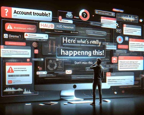 Realistic HD representation of an account having trouble. Display various error messages and a puzzled user in front of a computer screen looking at these messages. Communicate a sense of urgency with visual elements like fast blinking lights or incoming emails. Add an overlay of a catchy headline, such as 'Account Trouble? Here's What's Really Happening!' and a smaller text like 'Don't Miss This' giving it the appearance of an informational infographic or digital poster.