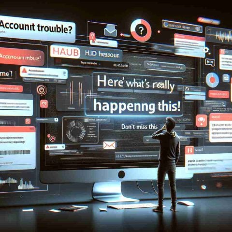 Realistic HD representation of an account having trouble. Display various error messages and a puzzled user in front of a computer screen looking at these messages. Communicate a sense of urgency with visual elements like fast blinking lights or incoming emails. Add an overlay of a catchy headline, such as 'Account Trouble? Here's What's Really Happening!' and a smaller text like 'Don't Miss This' giving it the appearance of an informational infographic or digital poster.