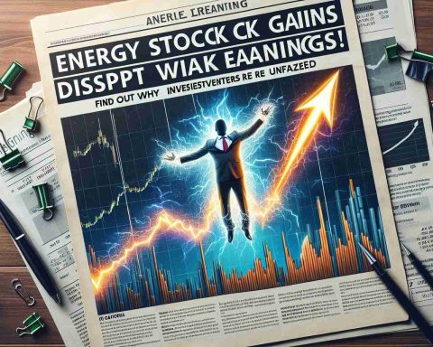 Create an image that represents a surprising twist in financial market strategy. Display a stock graph with upward trend despite weak earnings, illustriously capturing the market's surprising resilience. Include headline text 'Energy Stock Gains Despite Weak Earnings!' and secondary text 'Find Out Why Investors Are Unfazed'.