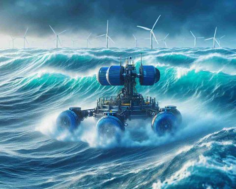 High definition, realistic image of revolutionary ocean robots that are being employed to transform green energy. These cutting-edge technological machines are designed to withstand the fury of nature's elements. They are effortlessly gliding through turbulent sea waters, harnessing the power of the ocean waves to generate sustainable energy.