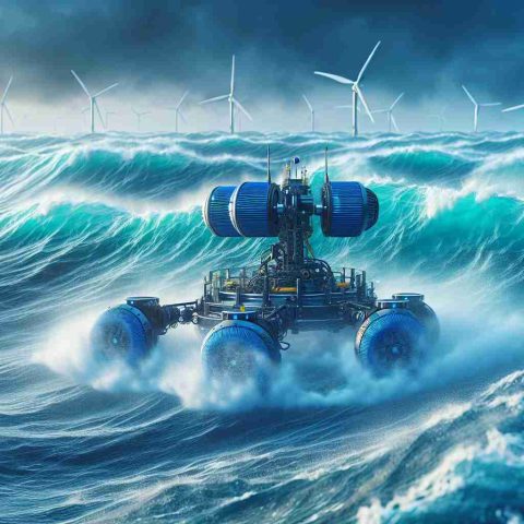 High definition, realistic image of revolutionary ocean robots that are being employed to transform green energy. These cutting-edge technological machines are designed to withstand the fury of nature's elements. They are effortlessly gliding through turbulent sea waters, harnessing the power of the ocean waves to generate sustainable energy.