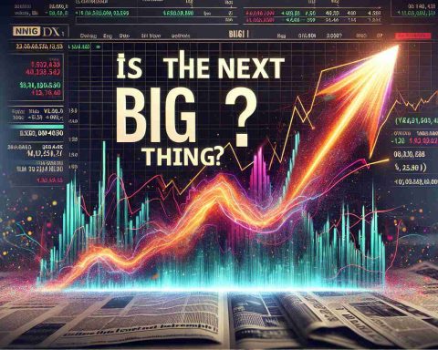 Generate a high-definition, realistic image featuring a dramatic surge in a stock chart. Label the rise as 'Bloom Energy' and pose the question 'Is this the Next Big Thing?' in an exciting and attention-grabbing style. Use bold colors to illustrate the significant movement, and include visual elements typically found in a financial newspaper or website, such as graphs, numbers, lines indicating upward trends, and perhaps surrounded by other less significant charts for context.