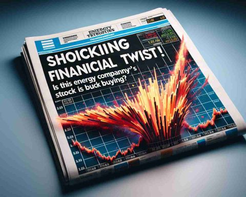 Generate a high-definition, photorealistic representation of a newspaper headline reading 'Shocking Financial Twist! Is this Energy Company’s Stock Worth Buying?' The image should also feature a dramatic graphic of a stock market chart indicating a sudden significant increase, symbolizing the energy company's financial twist.