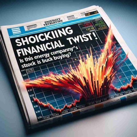 Generate a high-definition, photorealistic representation of a newspaper headline reading 'Shocking Financial Twist! Is this Energy Company’s Stock Worth Buying?' The image should also feature a dramatic graphic of a stock market chart indicating a sudden significant increase, symbolizing the energy company's financial twist.