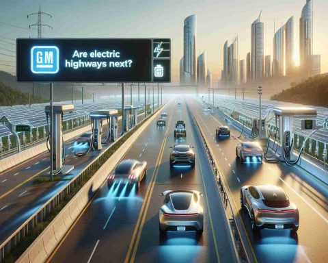 Generate a high-definition, realistic image that depicts General Motors' ambitious plan. The scene should showcase a futuristic concept of electric highways, with solar-powered charging stations lining the side of the road. Make sure to include diverse styles of electric vehicles moving along the state-of-the-art highway, and an electronic display board displaying the phrase 'Are Electric Highways Next?'.