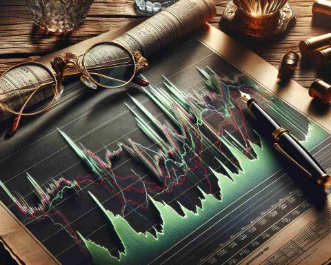 Realistic HD photo showcasing a day of ups and downs for U.S. stocks. The image should depict a dramatic line graph that represents the fluctuating nature of the market, with peaks and valleys symbolizing gains and losses. The graph should have green for gains and red for losses, overlaid on the background of a rustic wooden desk decorated with a pair of golden spectacles, a fountain pen, and some financial newspapers opened to the stocks page.