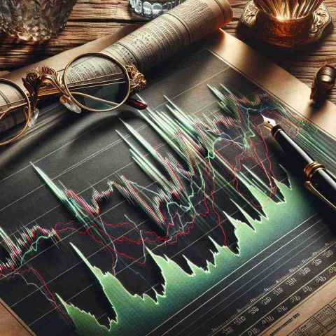 Realistic HD photo showcasing a day of ups and downs for U.S. stocks. The image should depict a dramatic line graph that represents the fluctuating nature of the market, with peaks and valleys symbolizing gains and losses. The graph should have green for gains and red for losses, overlaid on the background of a rustic wooden desk decorated with a pair of golden spectacles, a fountain pen, and some financial newspapers opened to the stocks page.