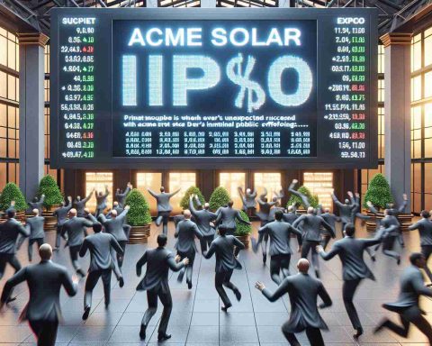 Create a realistic, high-definition image depicting the scene of a financial market exchange where investors are rushing in. The primary focus is a digital display board showing an enthusiastic reaction to ACME Solar's unexpected success with their initial public offering (IPO). The atmosphere should indicate excitement and surprise among the investors.