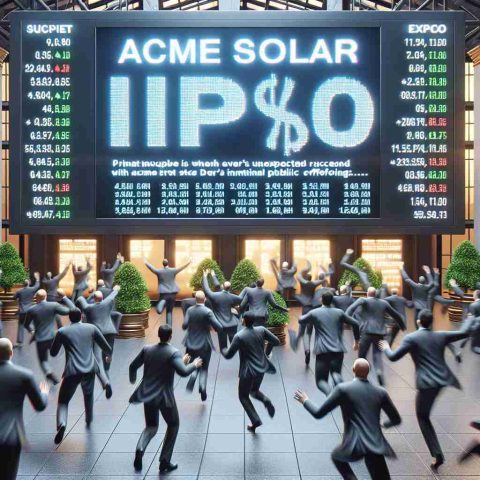 Create a realistic, high-definition image depicting the scene of a financial market exchange where investors are rushing in. The primary focus is a digital display board showing an enthusiastic reaction to ACME Solar's unexpected success with their initial public offering (IPO). The atmosphere should indicate excitement and surprise among the investors.