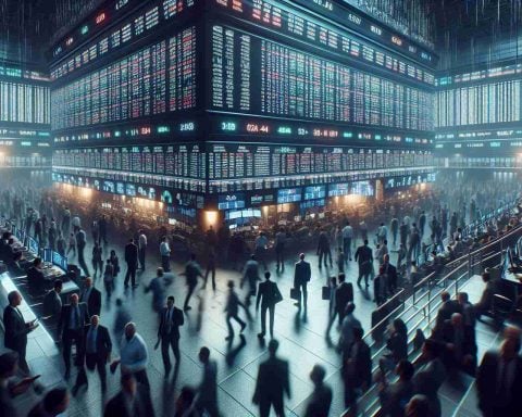 An HD image capturing the frantic energy of a large, bustling market trading center. The atmosphere is tense, indicative of a significant change looming on the horizon. Traders, men and women of varying descents such as Hispanic, Black and Middle-Eastern, dart around, their faces lit by the glow of screens displaying real-time stock prices. The space is dominated by large ticker screens on the walls, showing fluctuating numbers, currencies, and commodities. The anticipation of a major market shift is palpable.