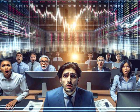 An image of a surprising stock market shift. It features a wide perspective shot portraying computer screens displaying the ups and downs of the stock charts. There's a hint of confusion and surprise among the diverse traders present, including a Caucasian male trader, a Hispanic female trader, and a South Asian male analyst. The atmosphere is tense, filled with anticipation and uncertainty which is a metaphor for the shaking up of the market.