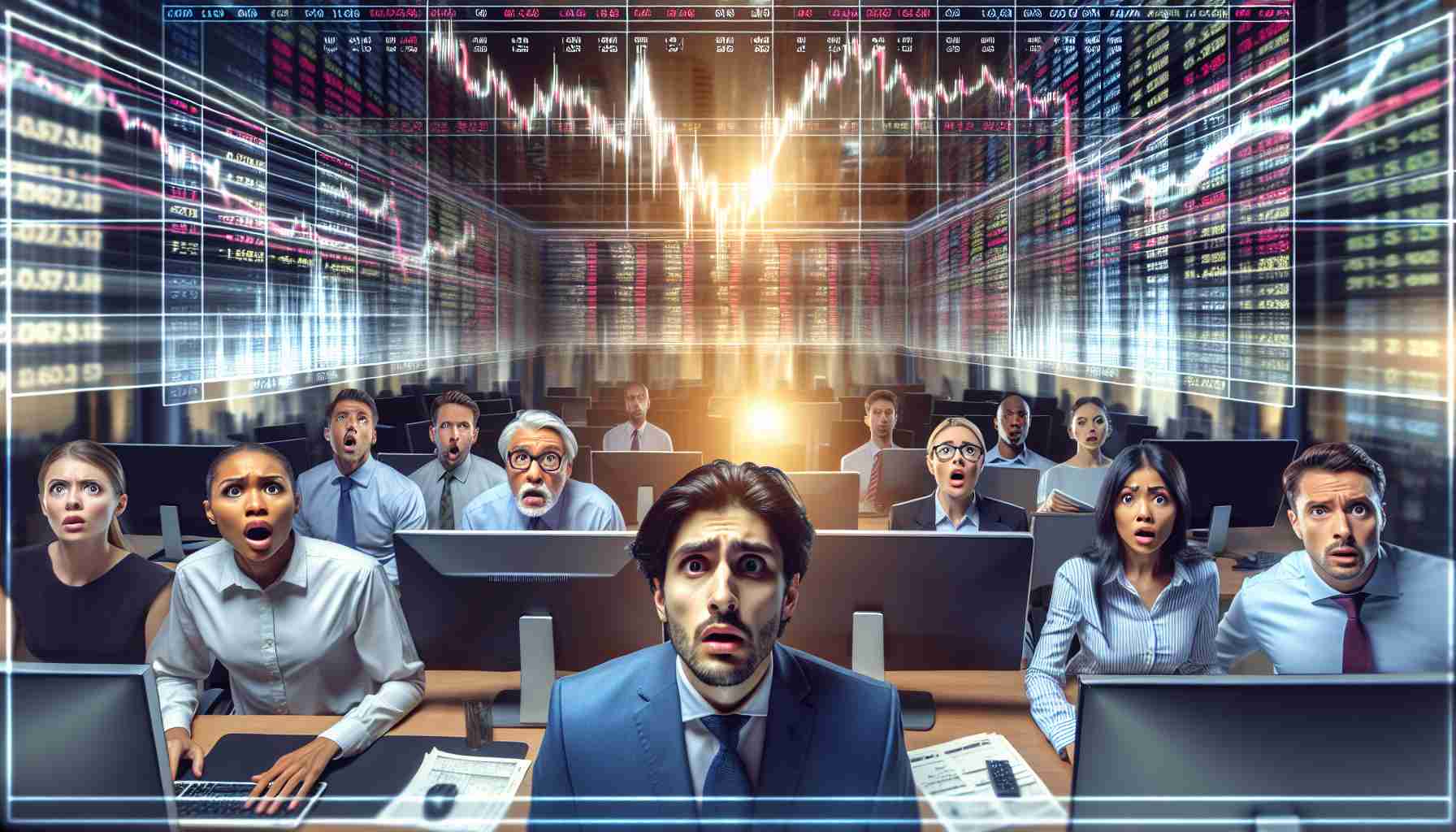 An image of a surprising stock market shift. It features a wide perspective shot portraying computer screens displaying the ups and downs of the stock charts. There's a hint of confusion and surprise among the diverse traders present, including a Caucasian male trader, a Hispanic female trader, and a South Asian male analyst. The atmosphere is tense, filled with anticipation and uncertainty which is a metaphor for the shaking up of the market.