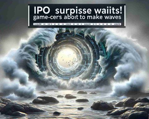 Create a realistic high-definition image that depicts the concept of an imminent game-changing innovation or breakthrough. This is symbolized by large-set waves crashing against a rocky shore. Overlay the image with the captions 'IPO Surprise Awaits!' and 'A Game-Changer is About to Make Waves' in bold, impactful typography.