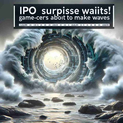 Create a realistic high-definition image that depicts the concept of an imminent game-changing innovation or breakthrough. This is symbolized by large-set waves crashing against a rocky shore. Overlay the image with the captions 'IPO Surprise Awaits!' and 'A Game-Changer is About to Make Waves' in bold, impactful typography.