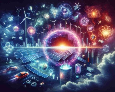 Create a realistic, high-definition image representing the concept of a 'Hidden Energy Revolution'. Present this as a new chapter in clean technology. Feature ideas and symbols that indicate advances in renewable energy. This could include solar panels, wind turbines, electric vehicles, or batteries, with clear visibility of their innovative, advanced designs. Also integrate subtle elements that suggest hidden or unexplored potential, such as a mysteriously glowing object or ethereal energy waves. Use vibrant colors to illustrate the newness and excitement of this revolution in technology. Please avoid representations of specific individuals or copyrighted logos.