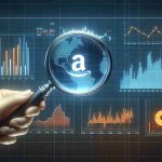 Render an image depicting the concept of 'Amazon Stock', presenting key data and statistics that are pertinent to its present condition. Include a magnifying glass focusing on unseen trends and unseen data as if being analyzed by experts. These could include graphs, charts or other indicators that represent its recent performance and predict future trends.