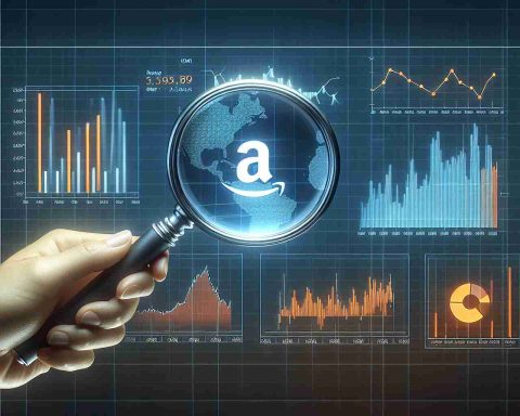 Render an image depicting the concept of 'Amazon Stock', presenting key data and statistics that are pertinent to its present condition. Include a magnifying glass focusing on unseen trends and unseen data as if being analyzed by experts. These could include graphs, charts or other indicators that represent its recent performance and predict future trends.