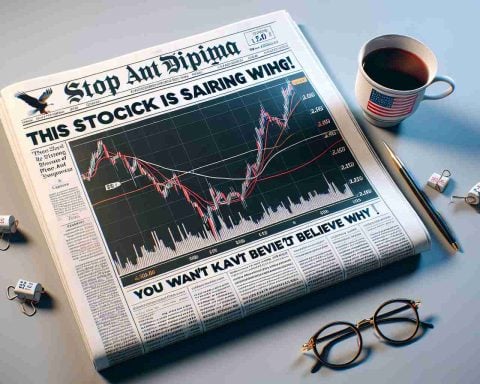 A detailed and realistic high-definition image showing a financial newspaper headline that reads 'This Stock Is Soaring! You Won't Believe Why'. The newspaper is resting on a table and is accompanied by a cup of coffee and a pair of eyeglasses. The newspaper's financial section should be open with stock market graphics and charts visible.